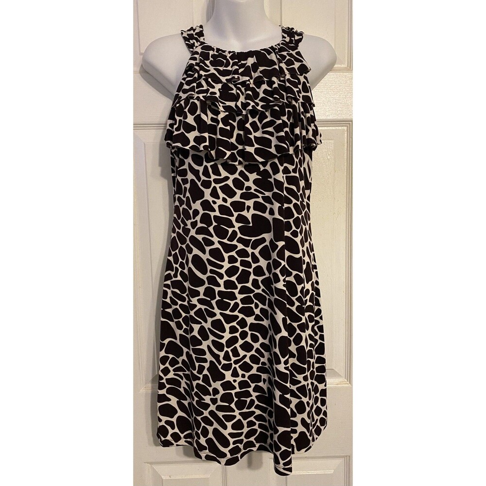 EN FOCUS Studio NEW Dress Brown Beige Animal Print Ruffle Women’s Size 8‎
